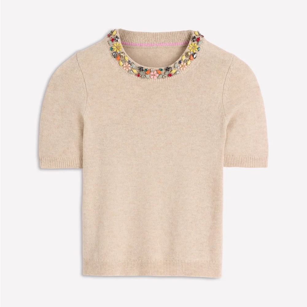 Boden Beige Embellished Crew Neck Sweater